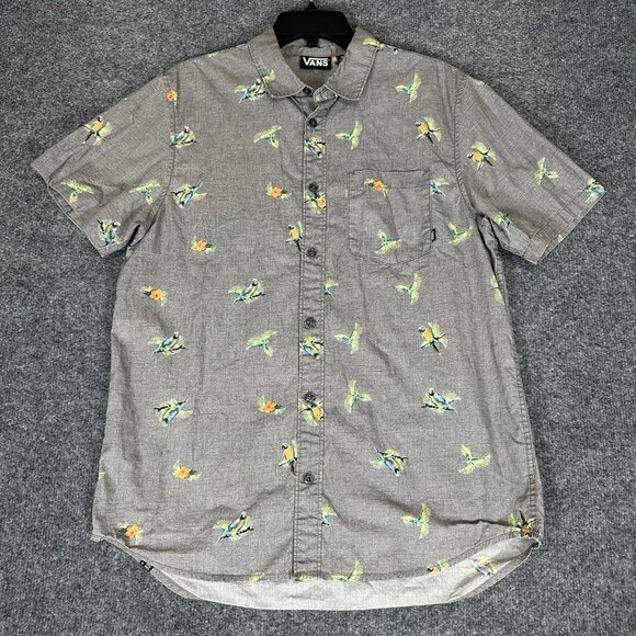 VANS Shirt Mens M Grey AOP Parrots Short Sleeve Button Up Pocket Skate Adult - Picture 1 of 7